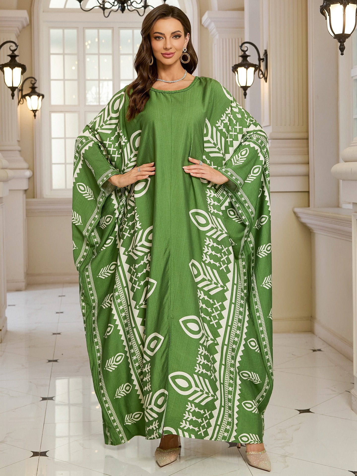 Geometric Pattern Kaftan Maxi Dress with Long Batwing Sleeves for Beach Cover Up